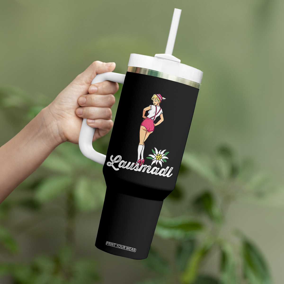 Retro Bavarian Pin Up Girl Lausmadl Tumbler With Handle Oktoberfest Edelweiss Flower TS02 Print Your Wear