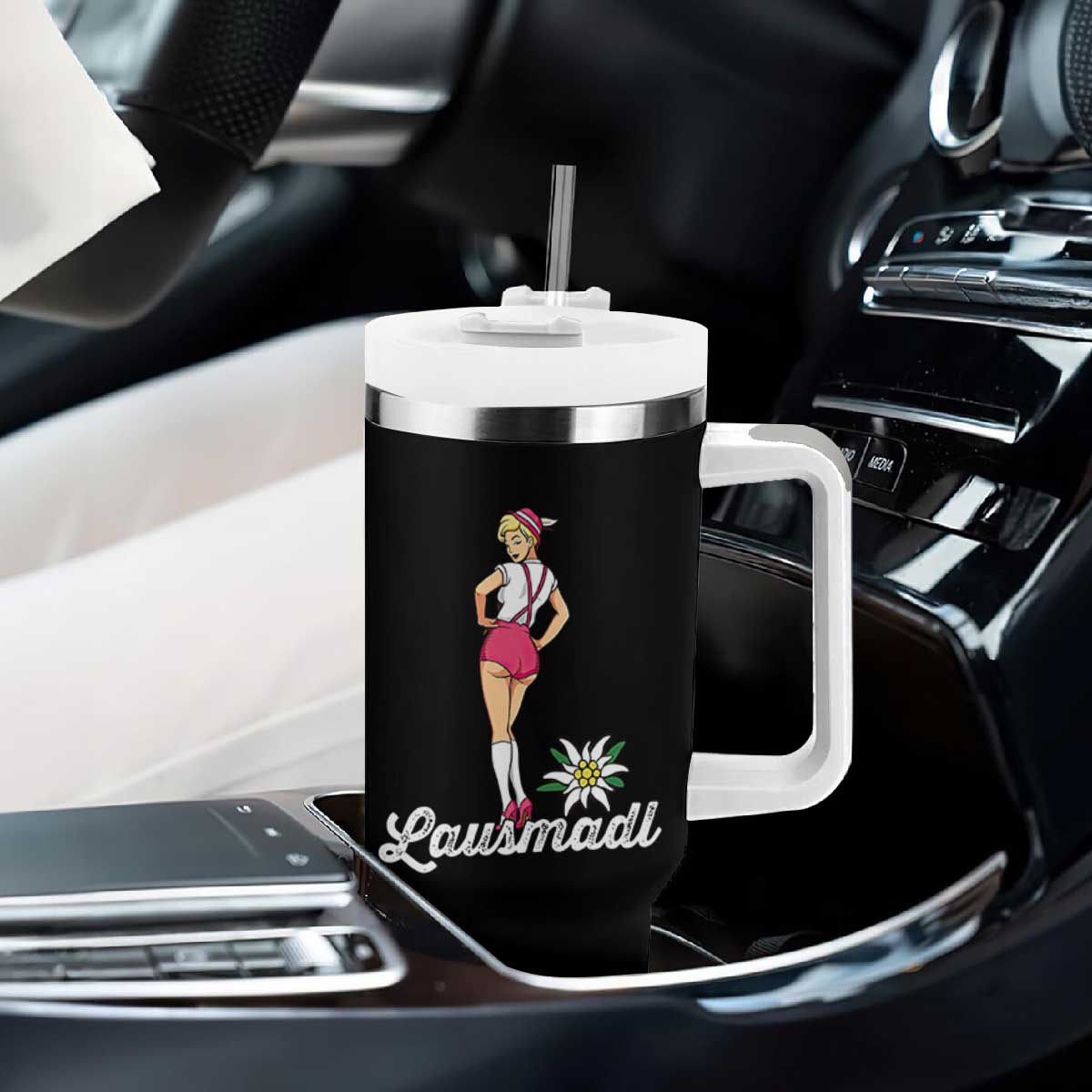 Retro Bavarian Pin Up Girl Lausmadl Tumbler With Handle Oktoberfest Edelweiss Flower TS02 Print Your Wear