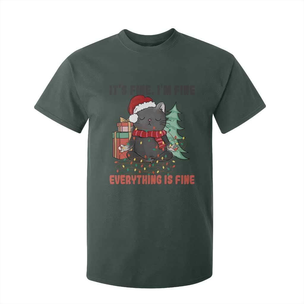 Christmas Black Cat T Shirt For Kid It's Fine I'm Fine Everything Is Fine Xmas Light Funny TS02 Dark Forest Green Print Your Wear