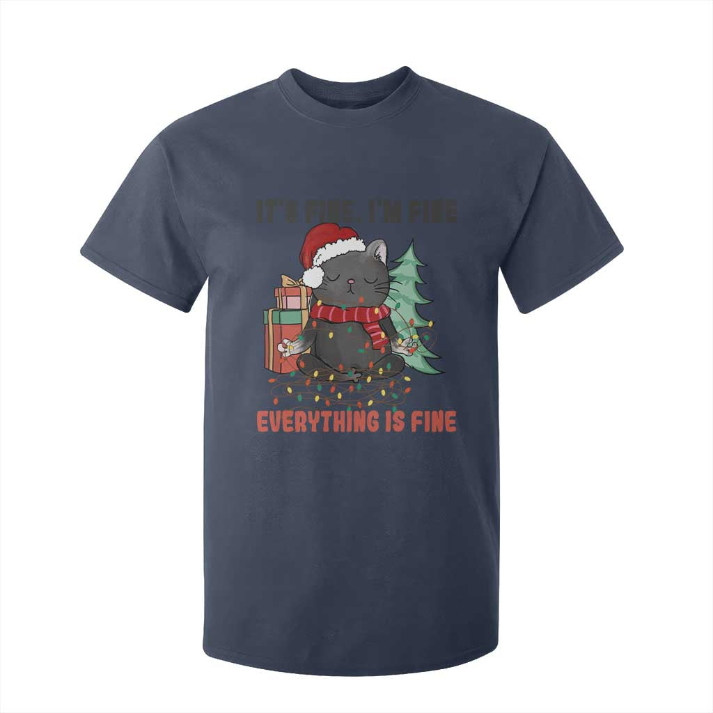 Christmas Black Cat T Shirt For Kid It's Fine I'm Fine Everything Is Fine Xmas Light Funny TS02 Navy Print Your Wear
