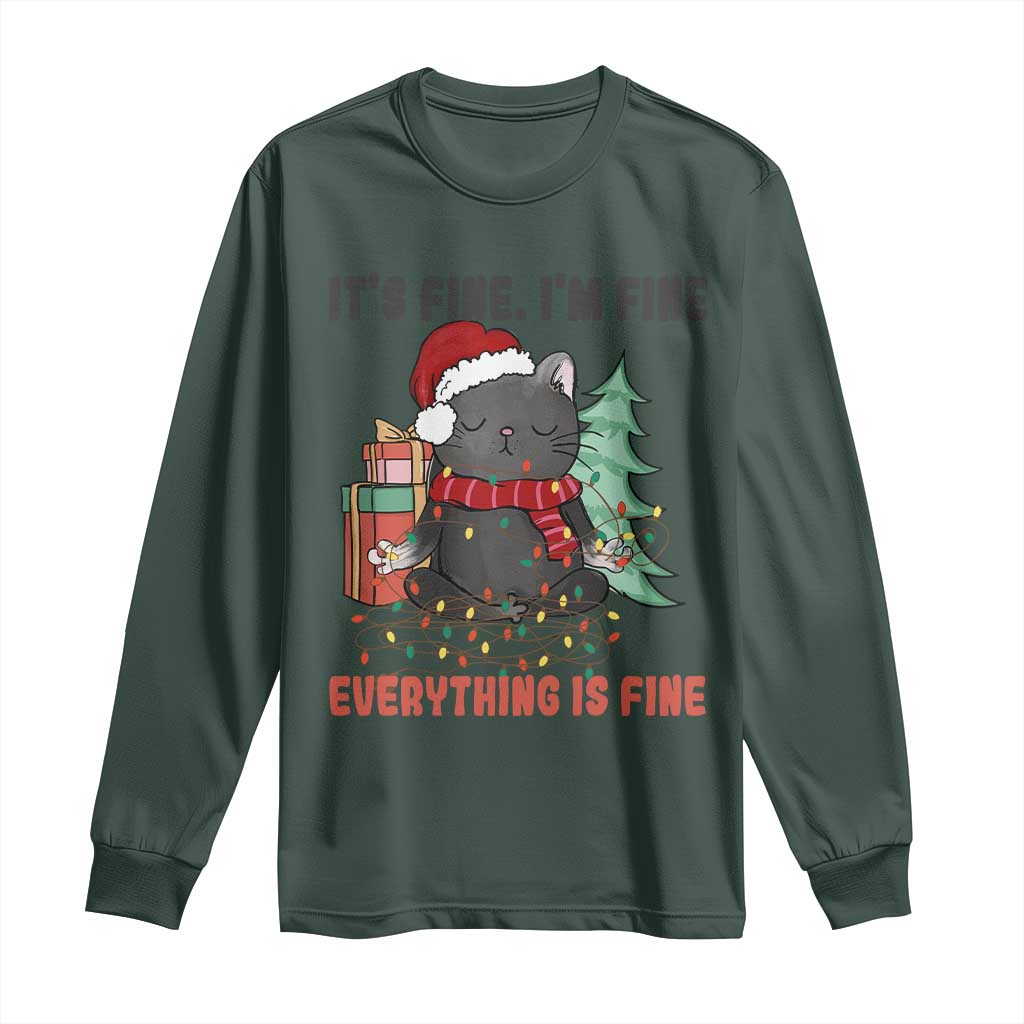 Christmas Black Cat Long Sleeve Shirt It's Fine I'm Fine Everything Is Fine Xmas Light Funny TS02 Dark Forest Green Print Your Wear
