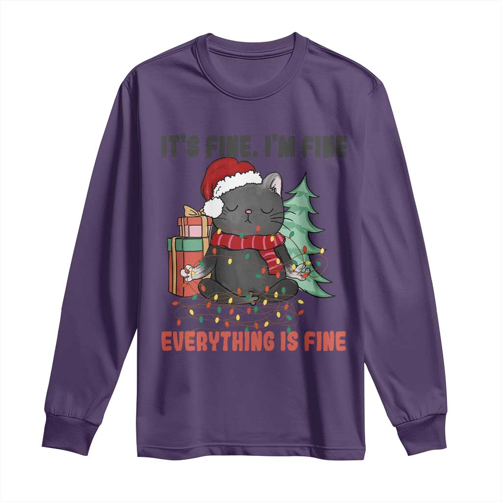 Christmas Black Cat Long Sleeve Shirt It's Fine I'm Fine Everything Is Fine Xmas Light Funny TS02 Purple Print Your Wear