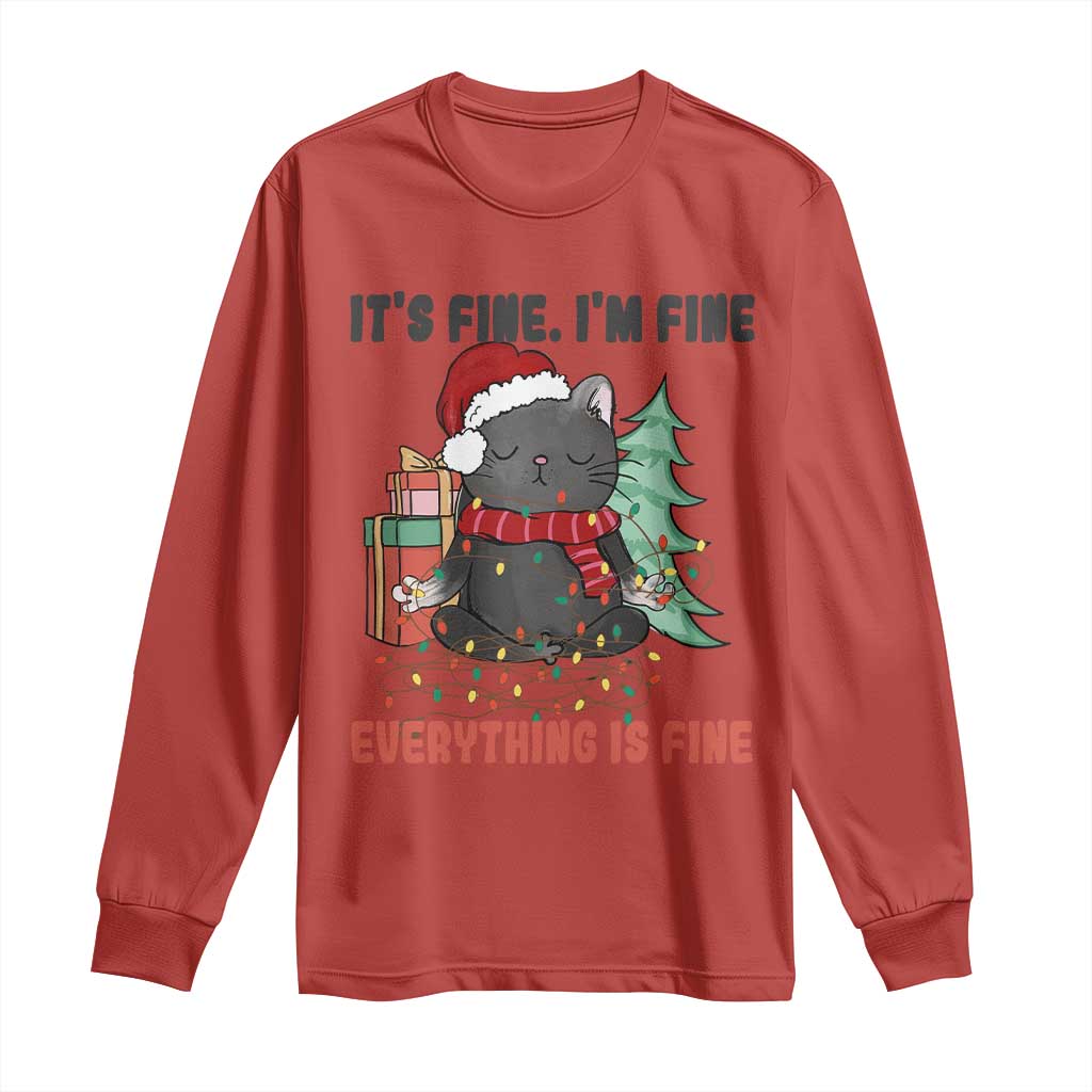 Christmas Black Cat Long Sleeve Shirt It's Fine I'm Fine Everything Is Fine Xmas Light Funny TS02 Red Print Your Wear