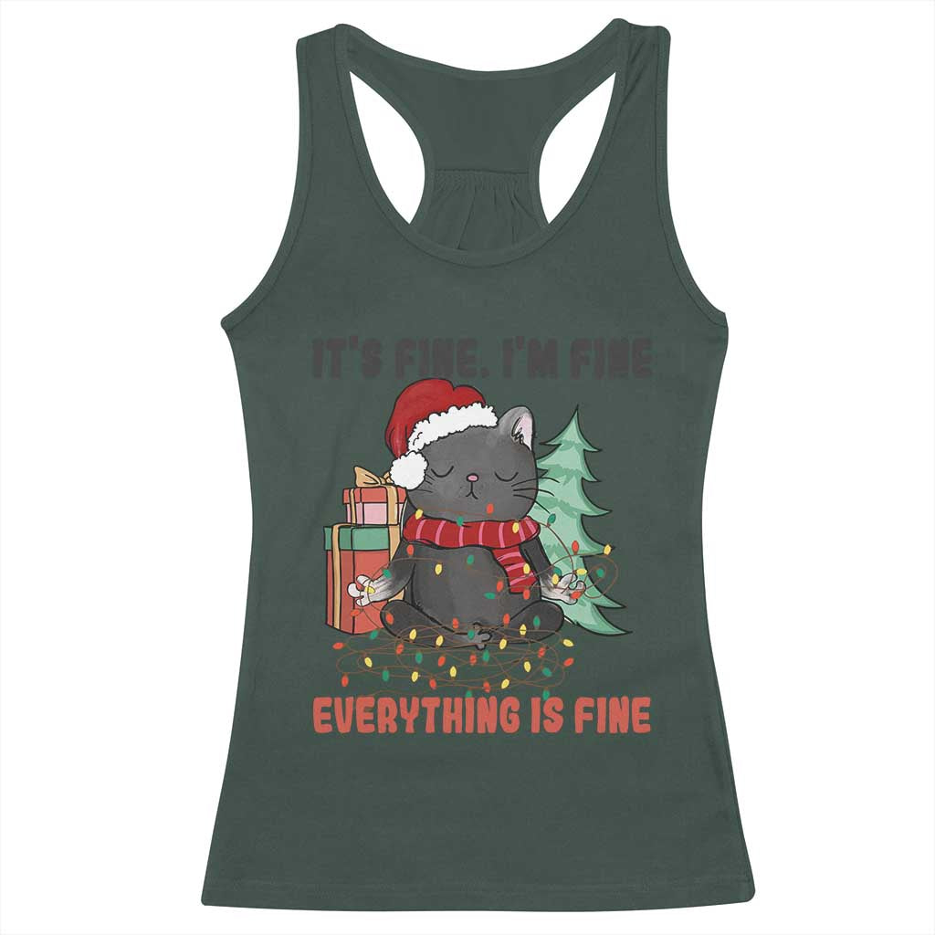 Christmas Black Cat Racerback Tank Top It's Fine I'm Fine Everything Is Fine Xmas Light Funny TS02 Dark Forest Green Print Your Wear