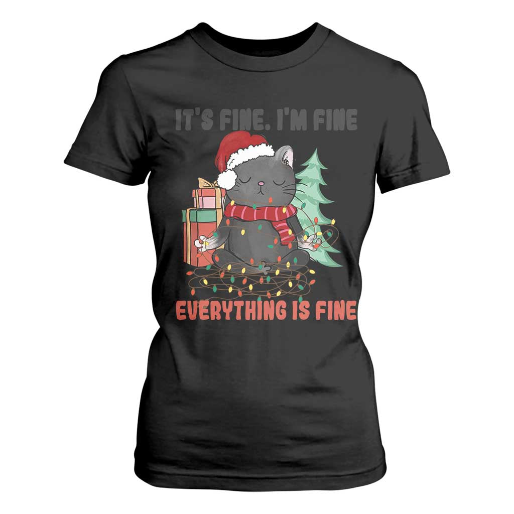 Christmas Black Cat T Shirt For Women It's Fine I'm Fine Everything Is Fine Xmas Light Funny TS02 Black Print Your Wear