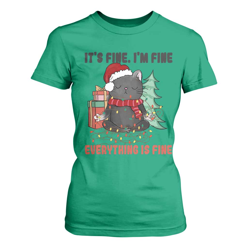 Christmas Black Cat T Shirt For Women It's Fine I'm Fine Everything Is Fine Xmas Light Funny TS02 Irish Green Print Your Wear
