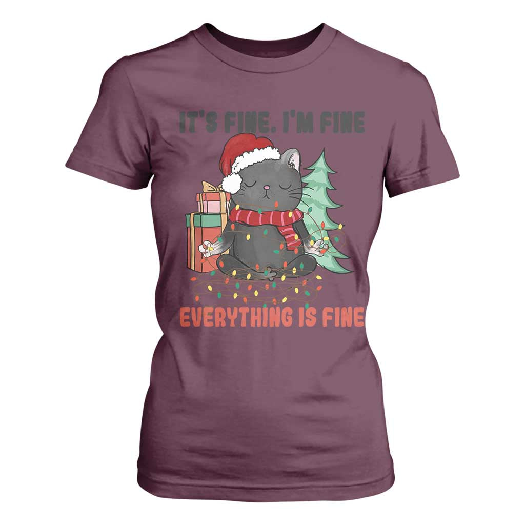 Christmas Black Cat T Shirt For Women It's Fine I'm Fine Everything Is Fine Xmas Light Funny TS02 Maroon Print Your Wear
