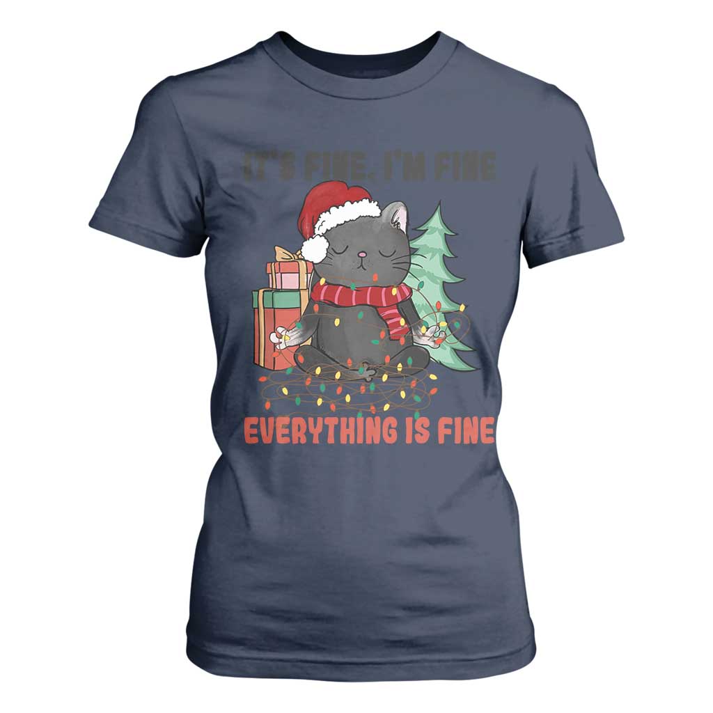 Christmas Black Cat T Shirt For Women It's Fine I'm Fine Everything Is Fine Xmas Light Funny TS02 Navy Print Your Wear