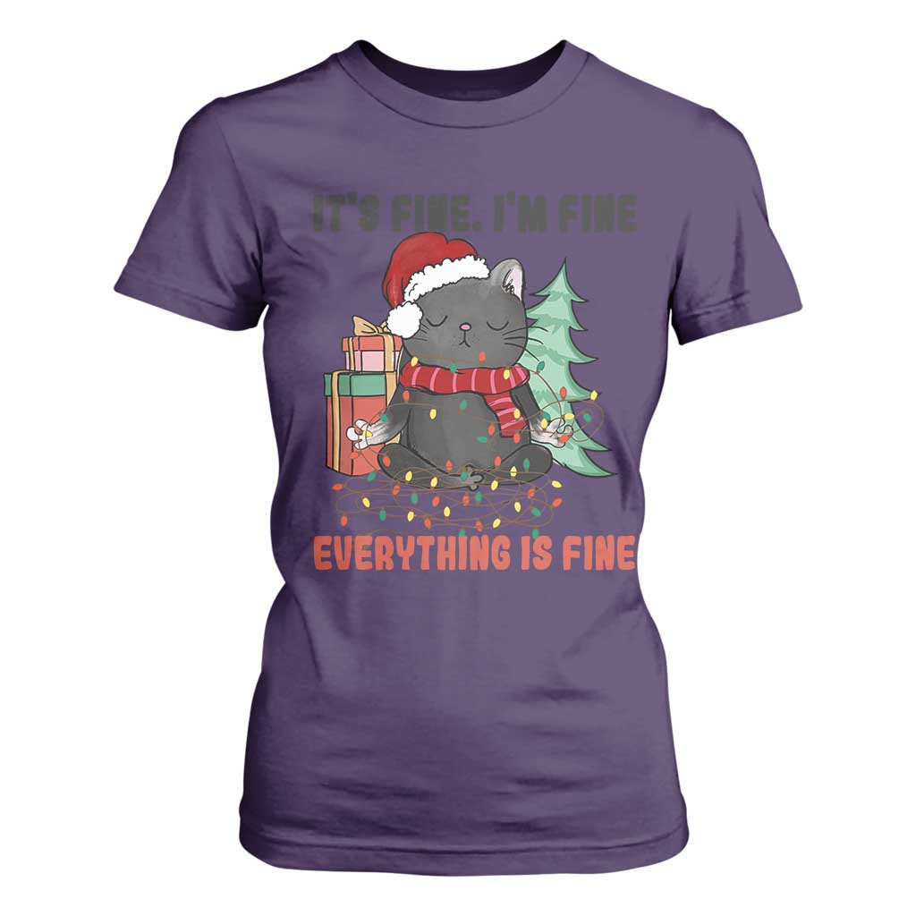 Christmas Black Cat T Shirt For Women It's Fine I'm Fine Everything Is Fine Xmas Light Funny TS02 Purple Print Your Wear