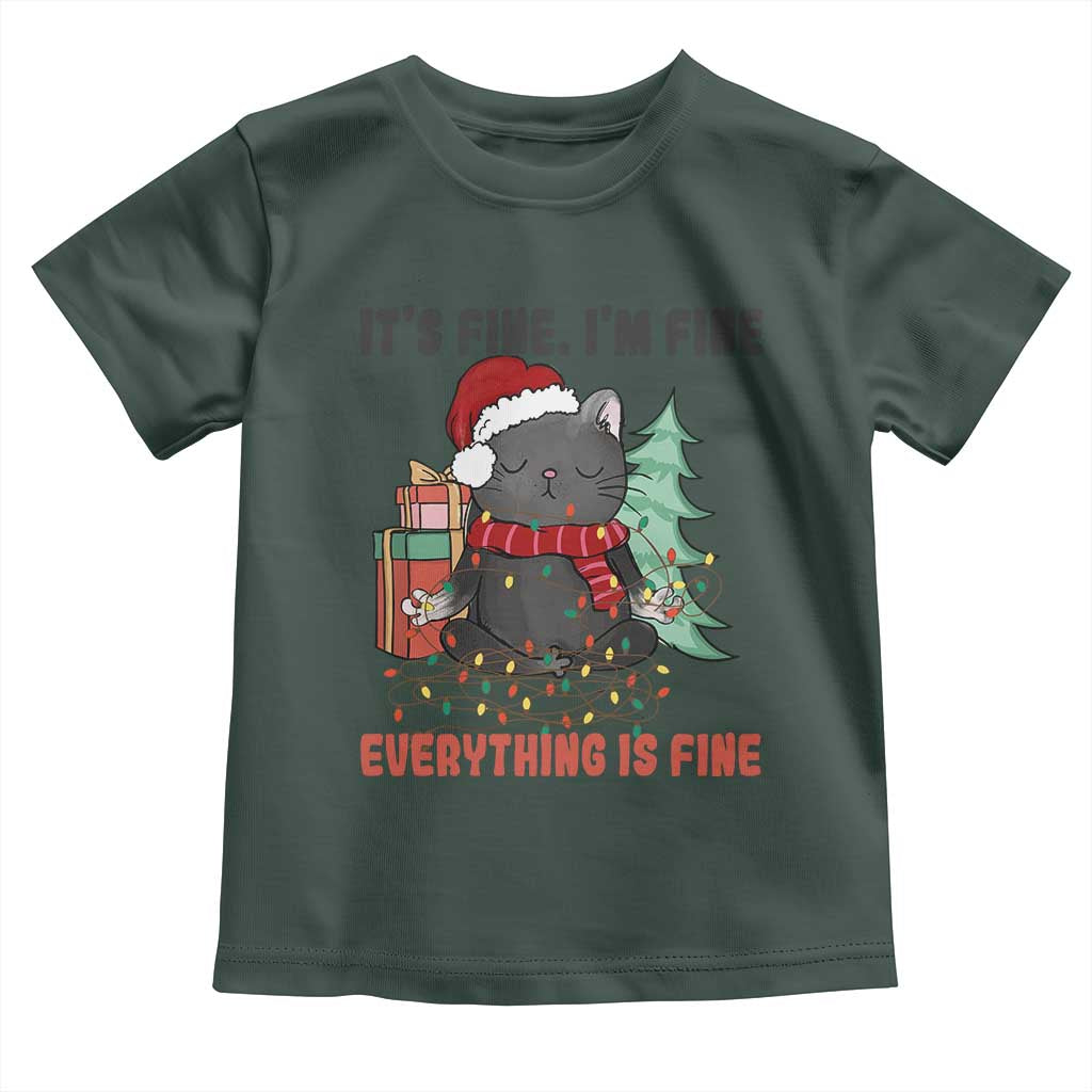 Christmas Black Cat Toddler T Shirt It's Fine I'm Fine Everything Is Fine Xmas Light Funny TS02 Dark Forest Green Print Your Wear