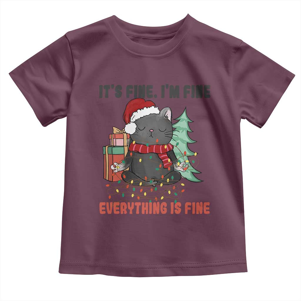 Christmas Black Cat Toddler T Shirt It's Fine I'm Fine Everything Is Fine Xmas Light Funny TS02 Maroon Print Your Wear