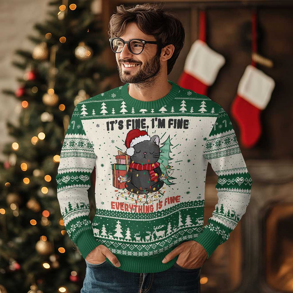 Christmas Black Cat Ugly Christmas Sweater It's Fine I'm Fine Everything Is Fine Xmas Light Funny TS02 Green Print Your Wear