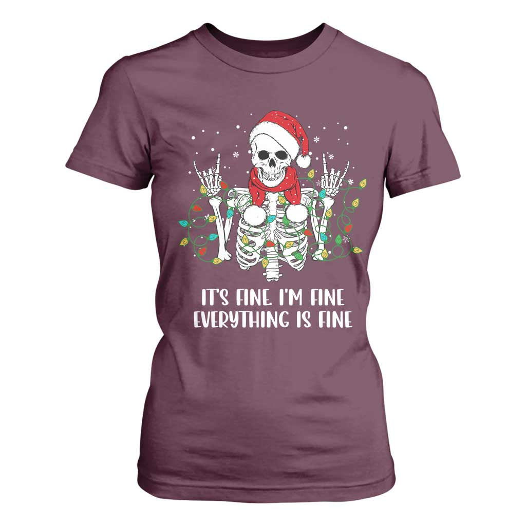 Christmas Skeleton T Shirt For Women It's Fine I'm Fine Everything Is Fine Xmas Light Funny TS02 Maroon Print Your Wear