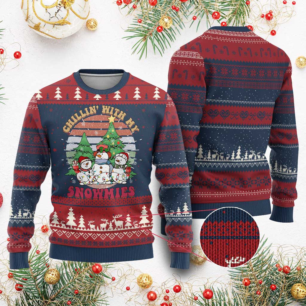 Chrismas Snowman Ugly Christmas Sweater Chillin' With My Snowmies Retro Xmas Vibe TS02 Burgundy Print Your Wear