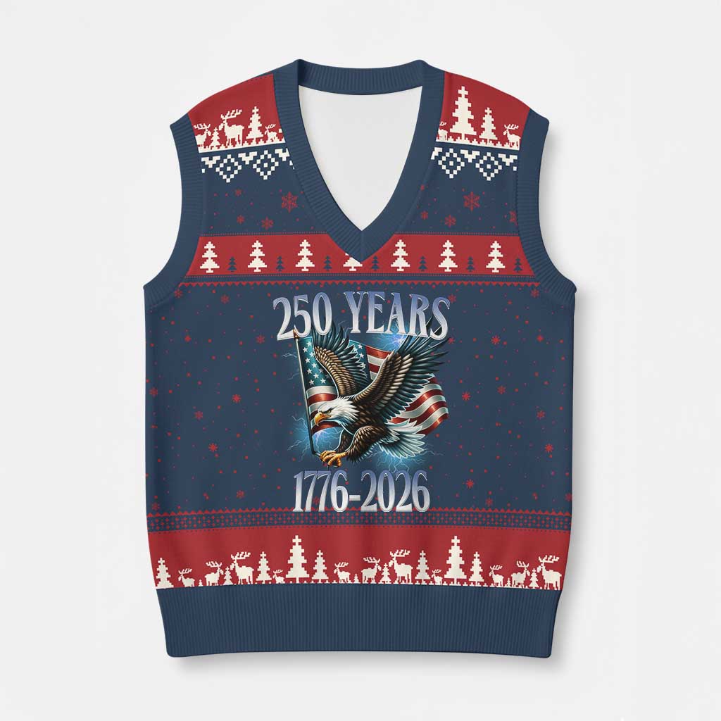 250 Years of American Freedom V-Neck Knit Sweater Vest Bald Eagle USA Flag 1776 to 2026 Patriotic TS02 Navy Red Print Your Wear