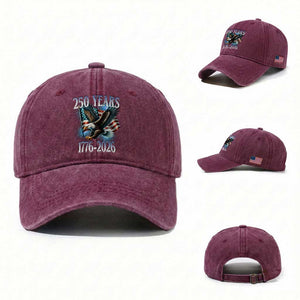 250 Years of American Freedom Washed Cotton Baseball Cap Bald Eagle USA Flag 1776 to 2026 Patriotic TS02 Washed Cap Universal Fit Burgundy Print Your Wear