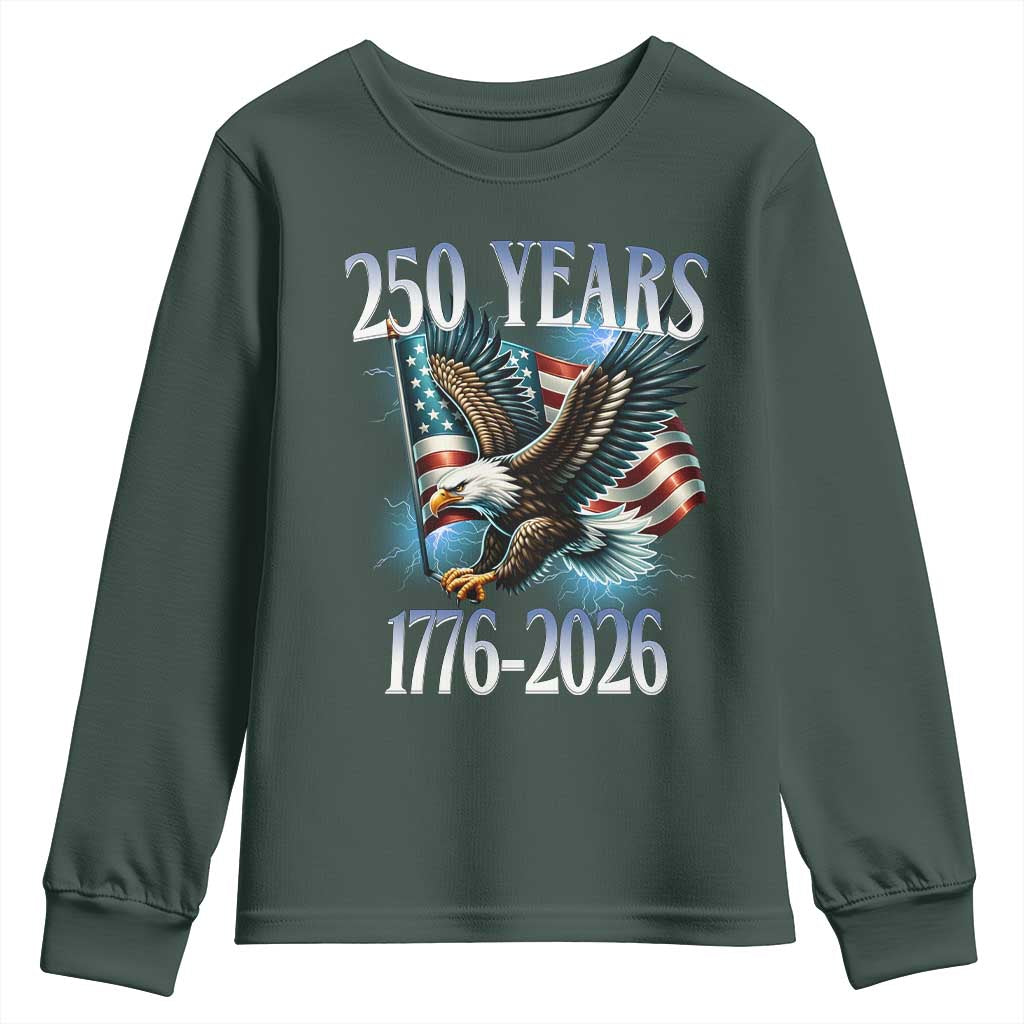250 Years of American Freedom Youth Sweatshirt Bald Eagle USA Flag 1776 to 2026 Patriotic TS02 Dark Forest Green Print Your Wear