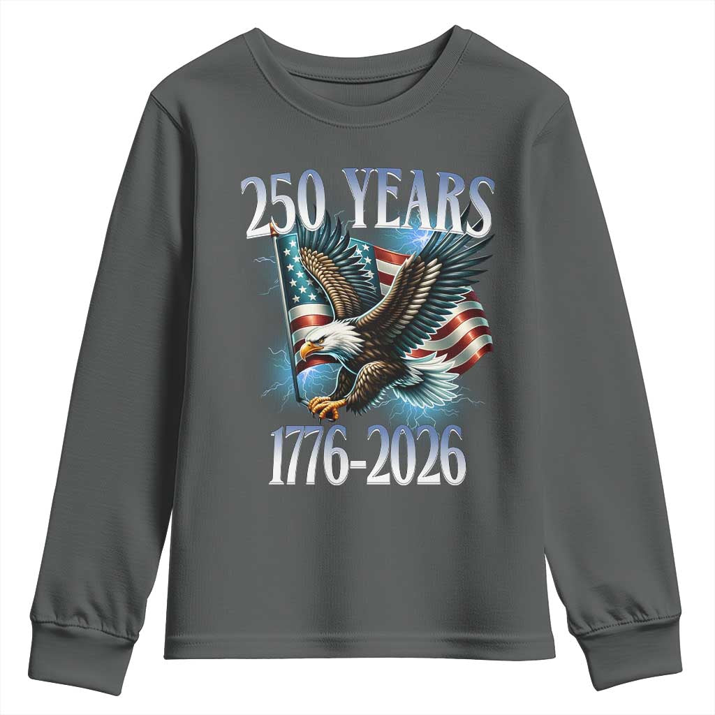 250 Years of American Freedom Youth Sweatshirt Bald Eagle USA Flag 1776 to 2026 Patriotic TS02 Dark Heather Print Your Wear