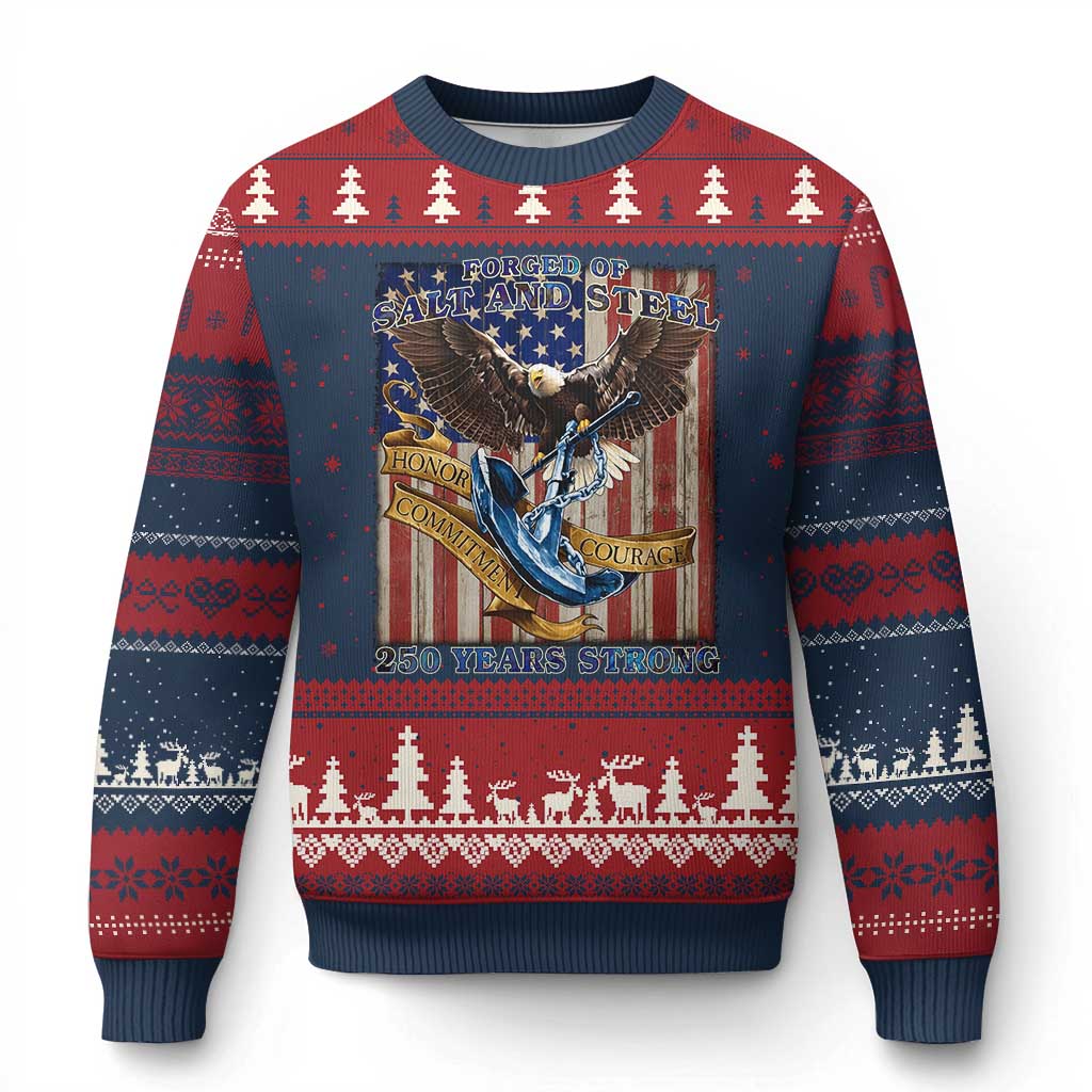 Military Navy 250th Anniversary Ugly Christmas Sweater Forged of Salt and Steel Patriotic Eagle Anchor American Flag TS02 Navy Red Print Your Wear