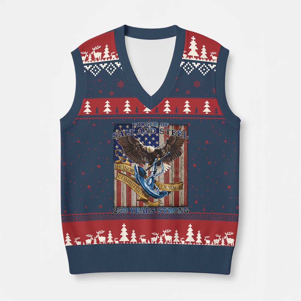 Military Navy 250th Anniversary V-Neck Knit Sweater Vest Forged of Salt and Steel Patriotic Eagle Anchor American Flag TS02 Navy Red Print Your Wear