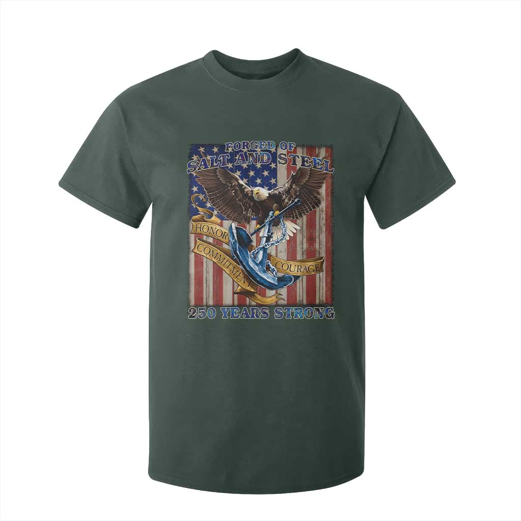 Military Navy 250th Anniversary T Shirt For Kid Forged of Salt and Steel Patriotic Eagle Anchor American Flag TS02 Dark Forest Green Print Your Wear