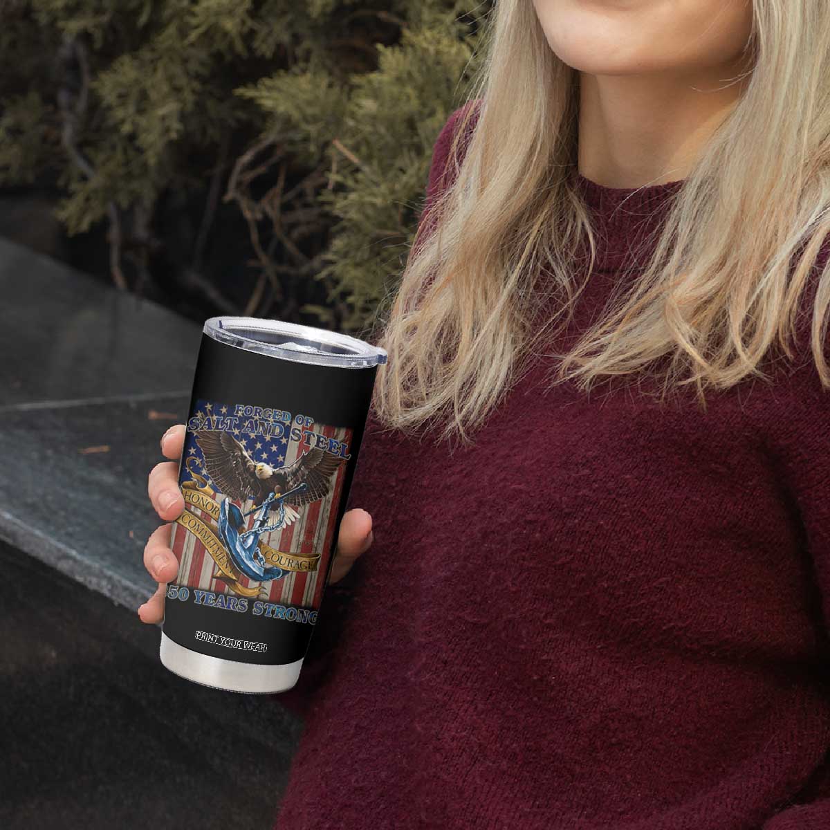 Military Navy 250th Anniversary Tumbler Cup Forged of Salt and Steel Patriotic Eagle Anchor American Flag TS02 Print Your Wear