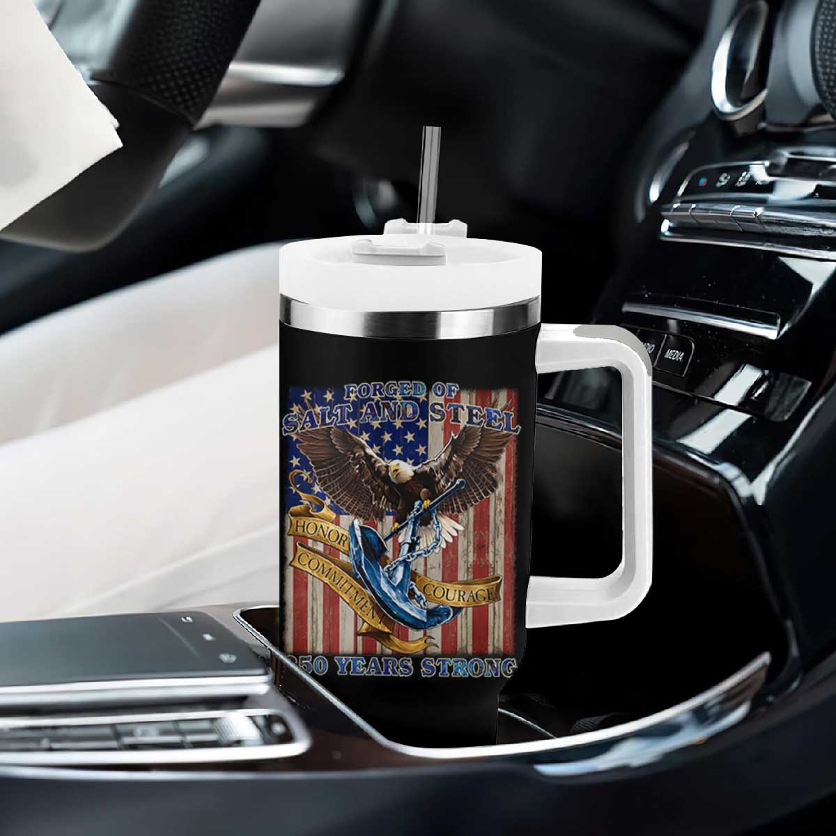 Military Navy 250th Anniversary Tumbler With Handle Forged of Salt and Steel Patriotic Eagle Anchor American Flag TS02 Print Your Wear