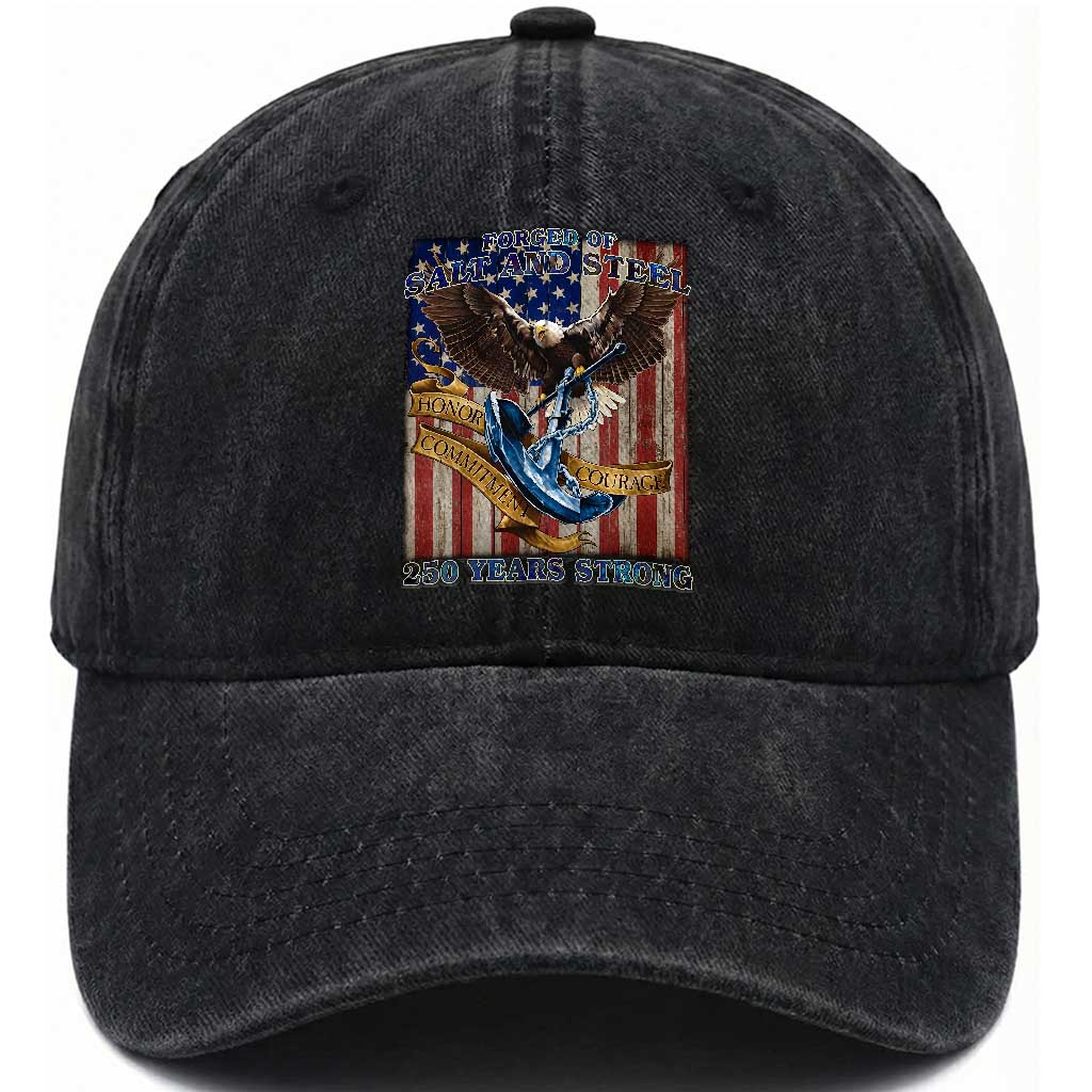 Military Navy 250th Anniversary Washed Cotton Baseball Cap Forged of Salt and Steel Patriotic Eagle Anchor American Flag TS02 Washed Cap Universal Fit Black Print Your Wear
