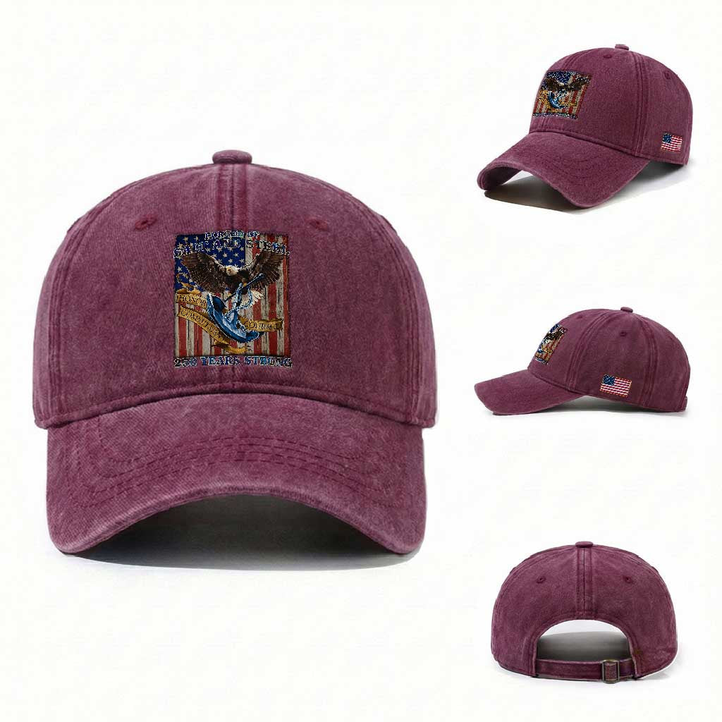 Military Navy 250th Anniversary Washed Cotton Baseball Cap Forged of Salt and Steel Patriotic Eagle Anchor American Flag TS02 Washed Cap Universal Fit Burgundy Print Your Wear