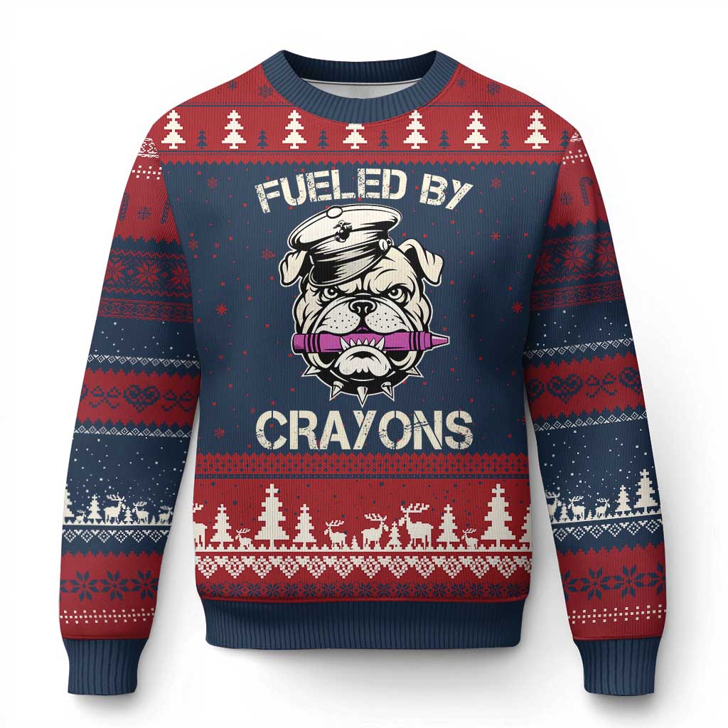 Fueled by Crayons Bulldog Ugly Christmas Sweater Funny Military Crayon Eater Gift for Veterans TS02 Navy Red Print Your Wear