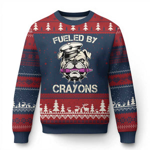 Fueled by Crayons Bulldog Ugly Christmas Sweater Funny Military Crayon Eater Gift for Veterans TS02 Navy Red Print Your Wear