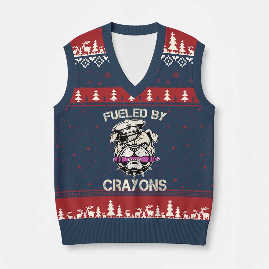 Fueled by Crayons Bulldog V-Neck Knit Sweater Vest Funny Military Crayon Eater Gift for Veterans TS02 Navy Red Print Your Wear