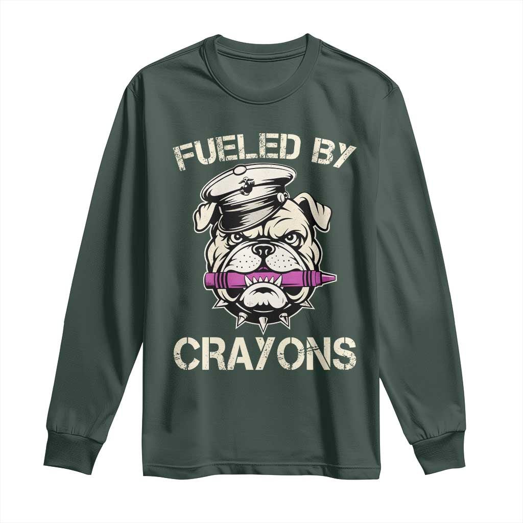 Fueled by Crayons Bulldog Long Sleeve Shirt Funny Military Crayon Eater Gift for Veterans TS02 Dark Forest Green Print Your Wear