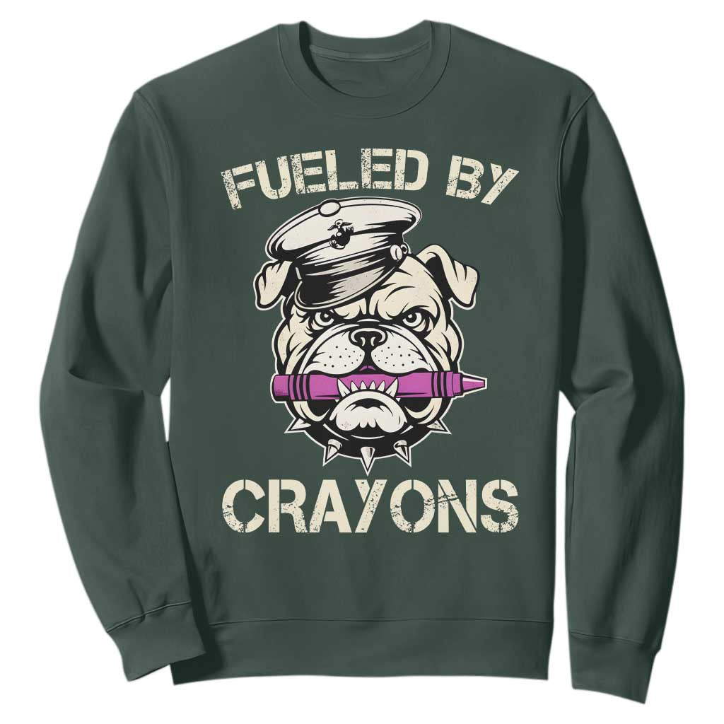 Fueled by Crayons Bulldog Sweatshirt Funny Military Crayon Eater Gift for Veterans TS02 Dark Forest Green Print Your Wear