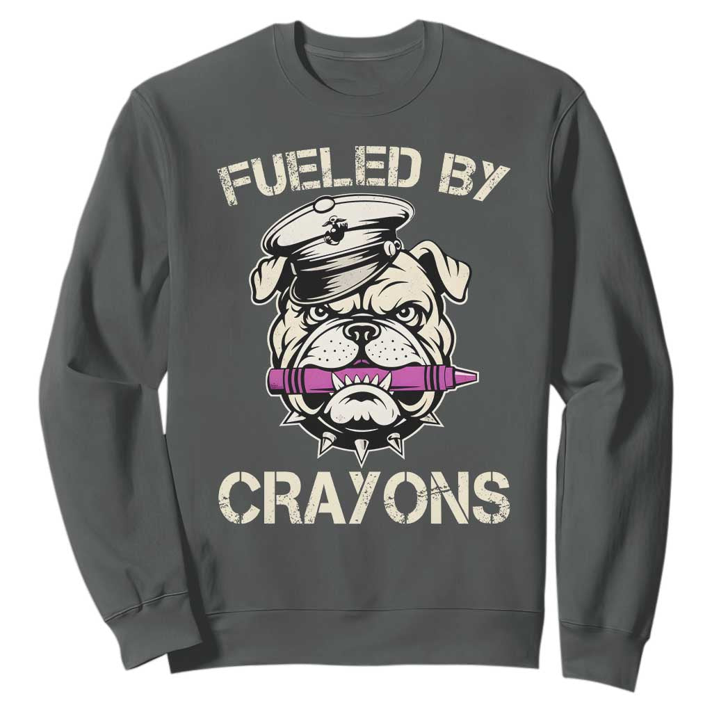 Fueled by Crayons Bulldog Sweatshirt Funny Military Crayon Eater Gift for Veterans TS02 Dark Heather Print Your Wear