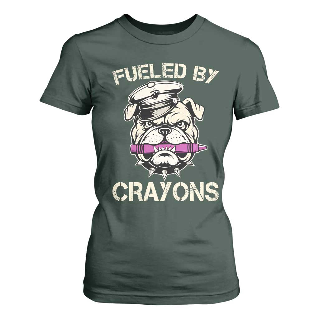 Fueled by Crayons Bulldog T Shirt For Women Funny Military Crayon Eater Gift for Veterans TS02 Dark Forest Green Print Your Wear