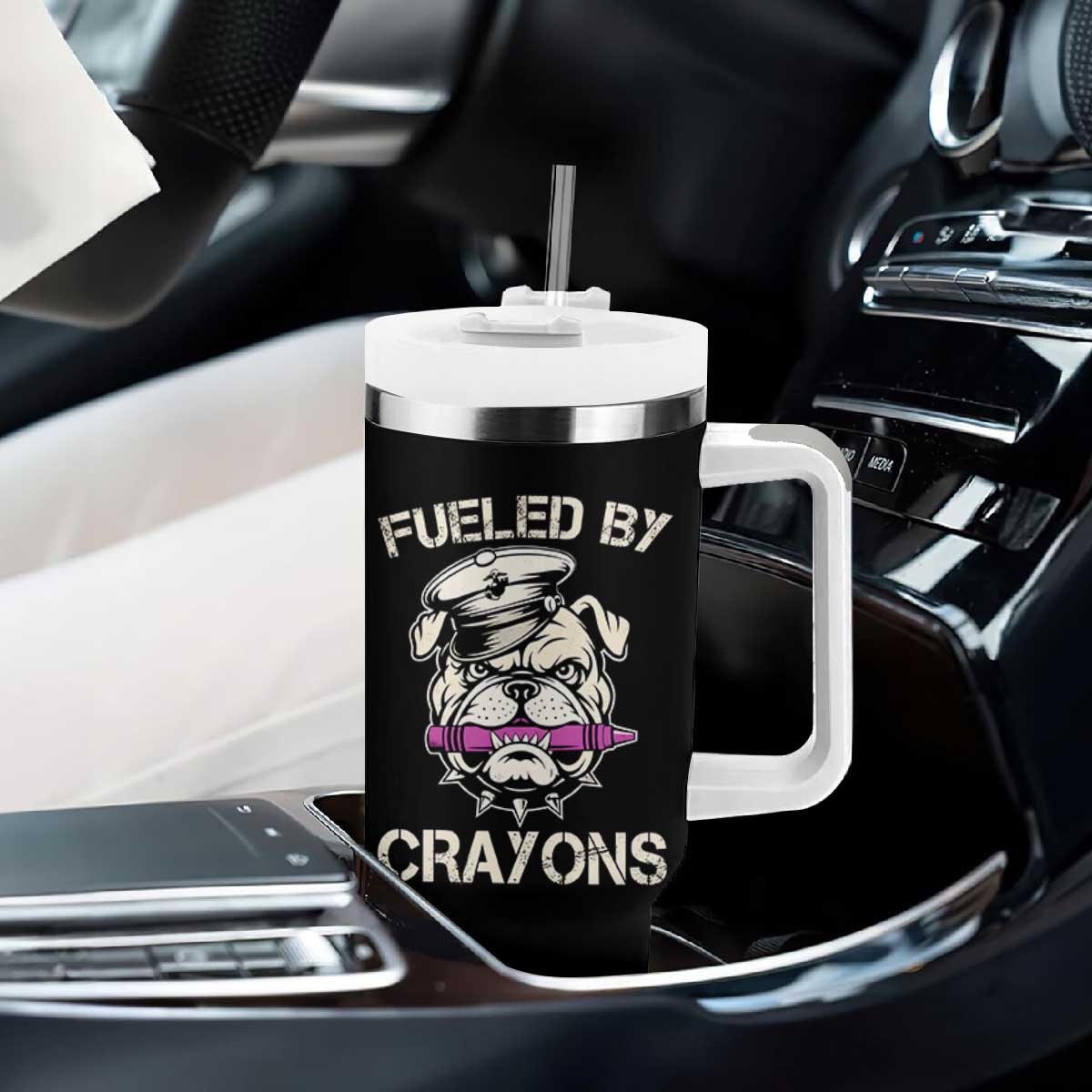 Fueled by Crayons Bulldog Tumbler With Handle Funny Military Crayon Eater Gift for Veterans TS02 Print Your Wear