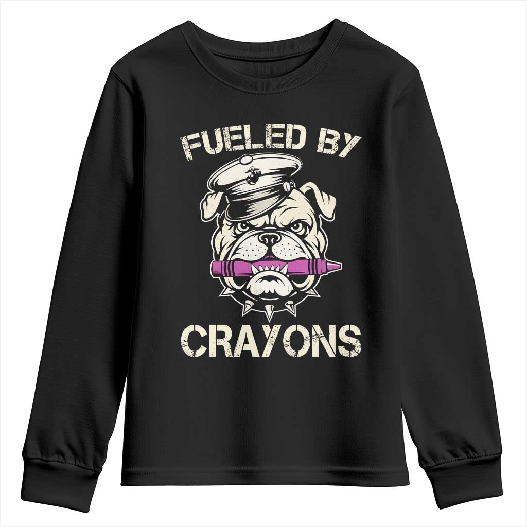 Fueled by Crayons Bulldog Youth Sweatshirt Funny Military Crayon Eater Gift for Veterans TS02 Black Print Your Wear