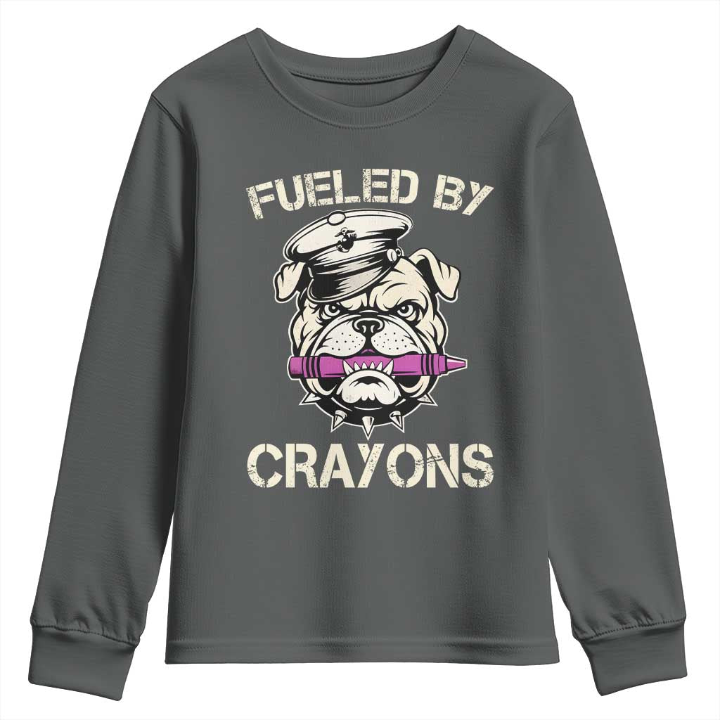 Fueled by Crayons Bulldog Youth Sweatshirt Funny Military Crayon Eater Gift for Veterans TS02 Dark Heather Print Your Wear