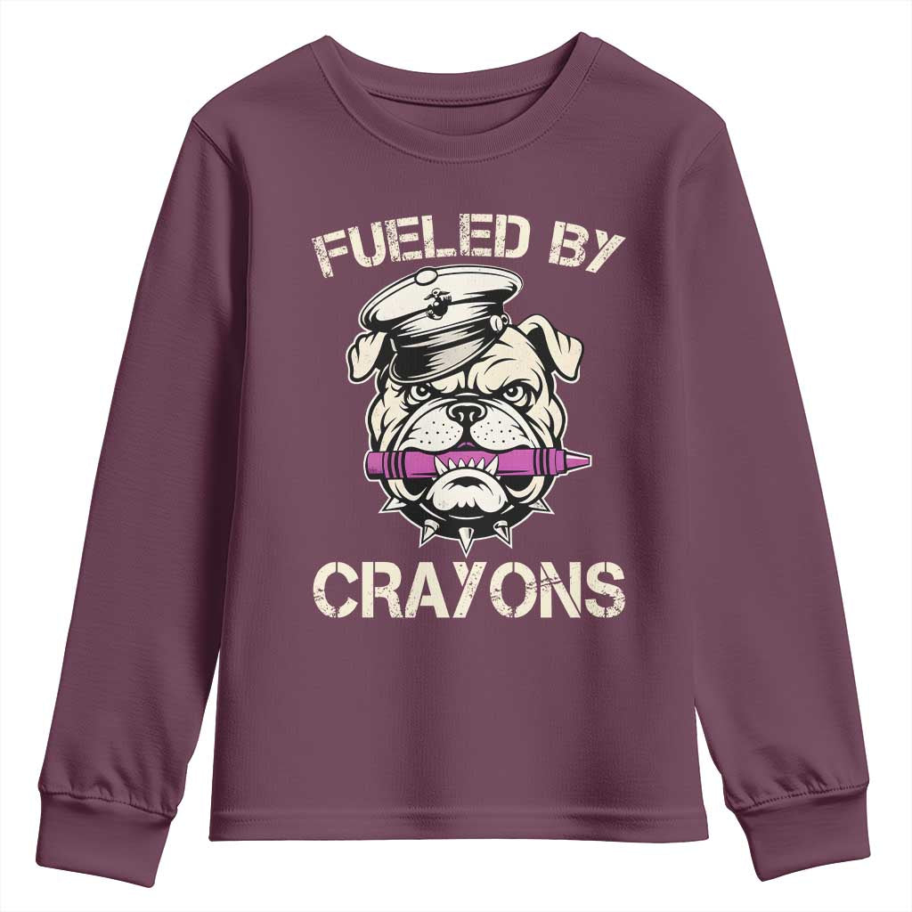 Fueled by Crayons Bulldog Youth Sweatshirt Funny Military Crayon Eater Gift for Veterans TS02 Maroon Print Your Wear