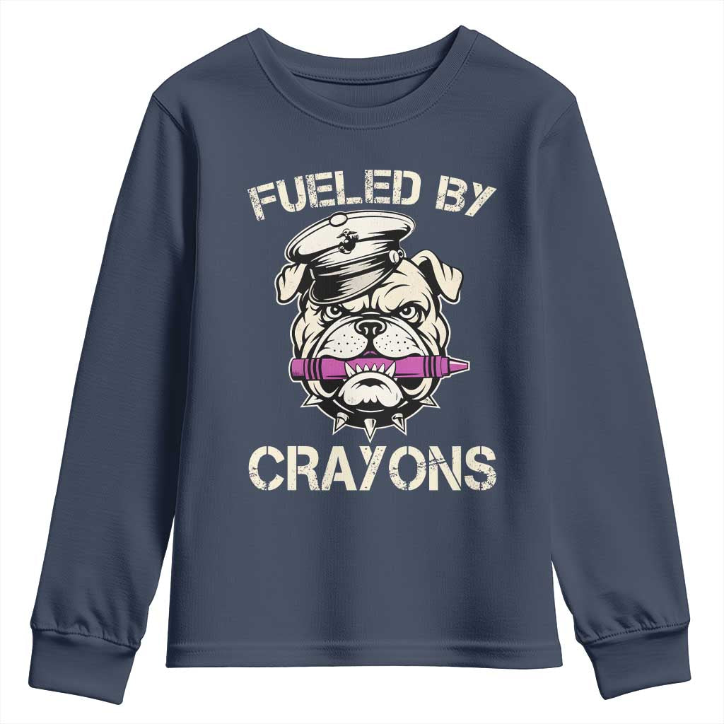 Fueled by Crayons Bulldog Youth Sweatshirt Funny Military Crayon Eater Gift for Veterans TS02 Navy Print Your Wear