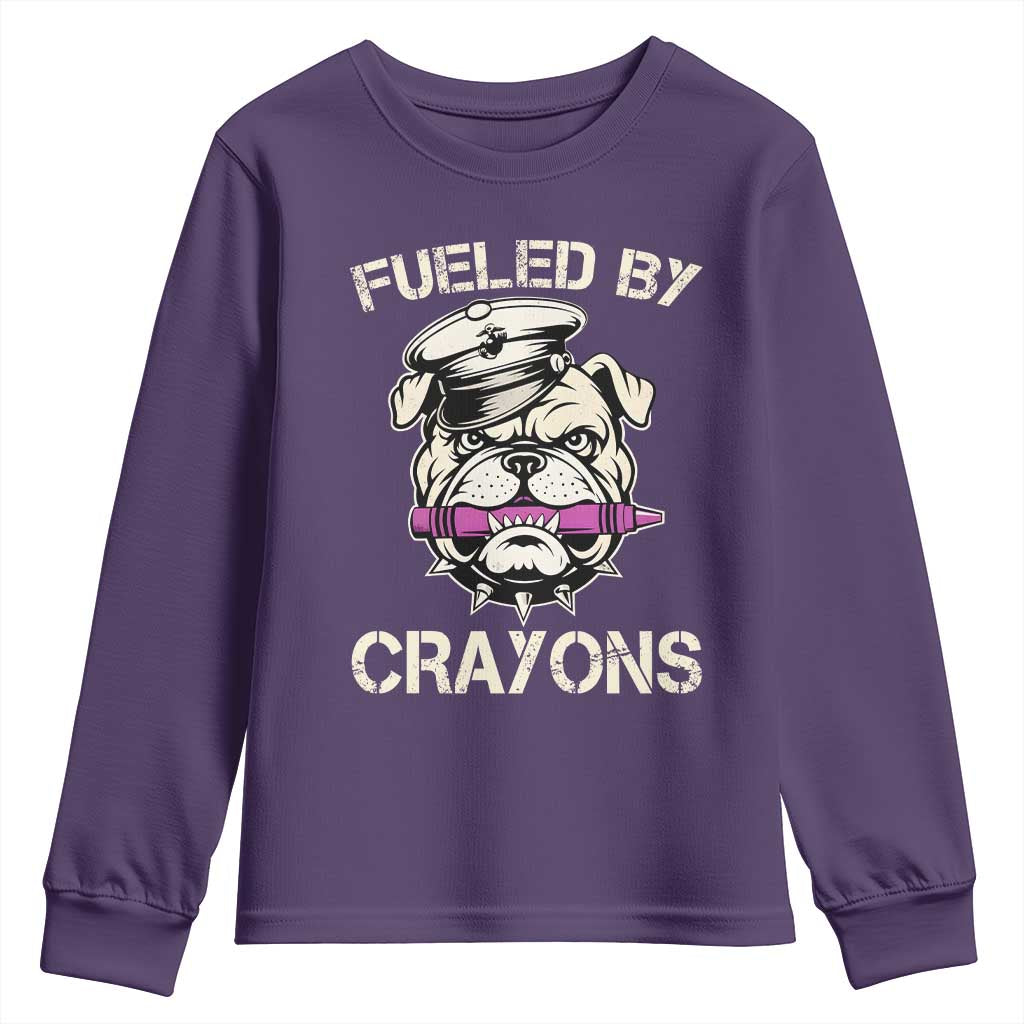 Fueled by Crayons Bulldog Youth Sweatshirt Funny Military Crayon Eater Gift for Veterans TS02 Purple Print Your Wear