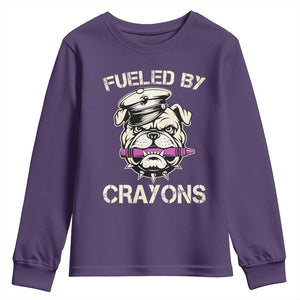 Fueled by Crayons Bulldog Youth Sweatshirt Funny Military Crayon Eater Gift for Veterans TS02 Purple Print Your Wear