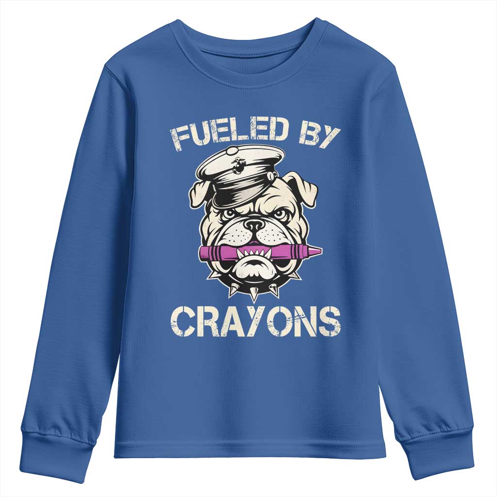 Fueled by Crayons Bulldog Youth Sweatshirt Funny Military Crayon Eater Gift for Veterans TS02 Royal Blue Print Your Wear