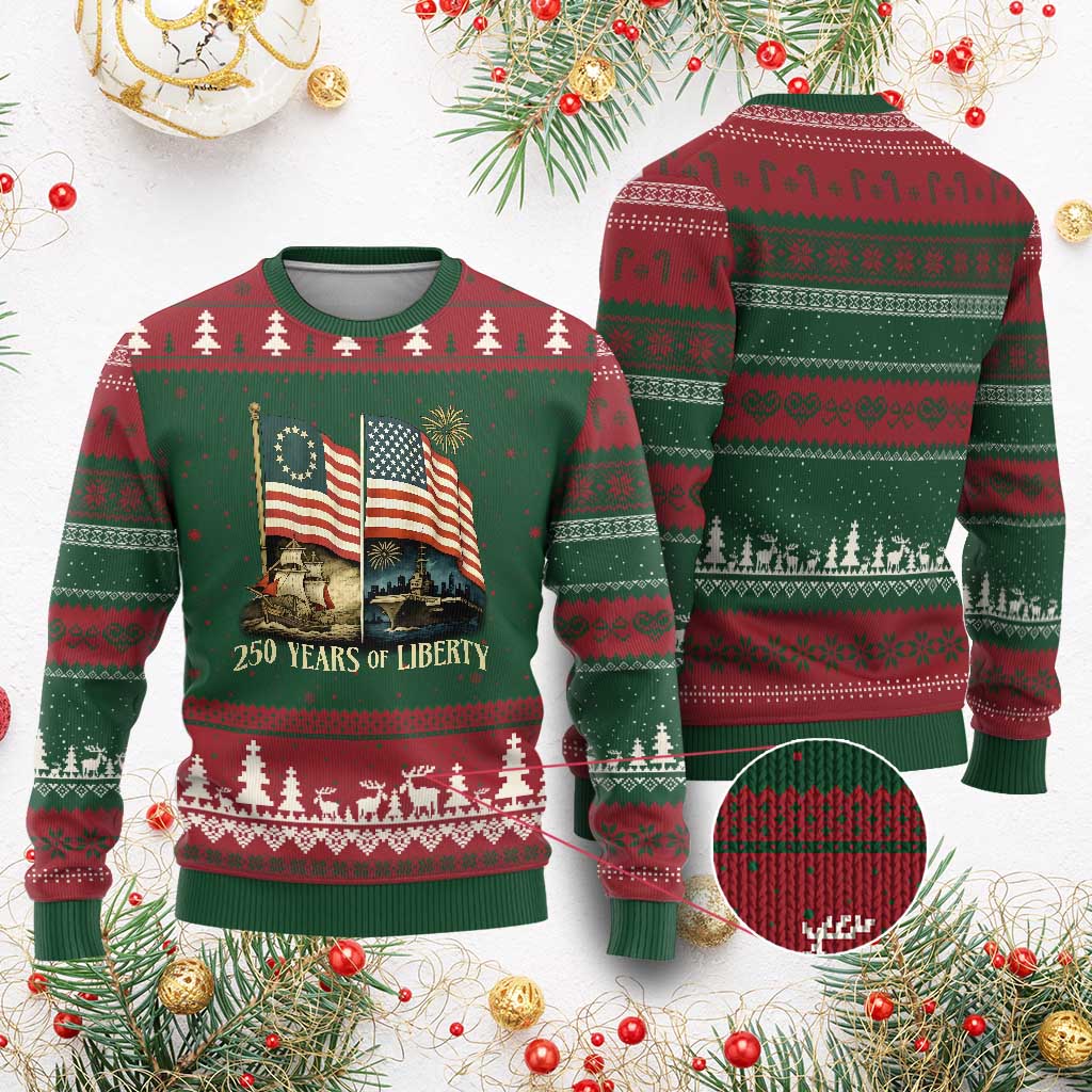 250 Years of Liberty Ugly Christmas Sweater US 250th Anniversary Semiquincentennial 2026 Patriotic TS02 Red Green Print Your Wear