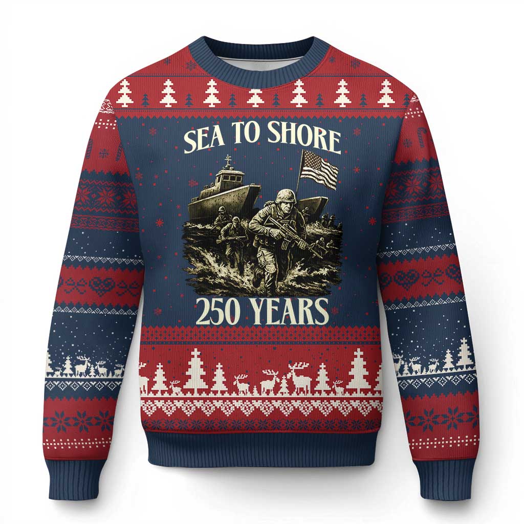 Military Navy 250th Anniversary Ugly Christmas Sweater Sea To Shore 250 Years TS02 Navy Red Print Your Wear