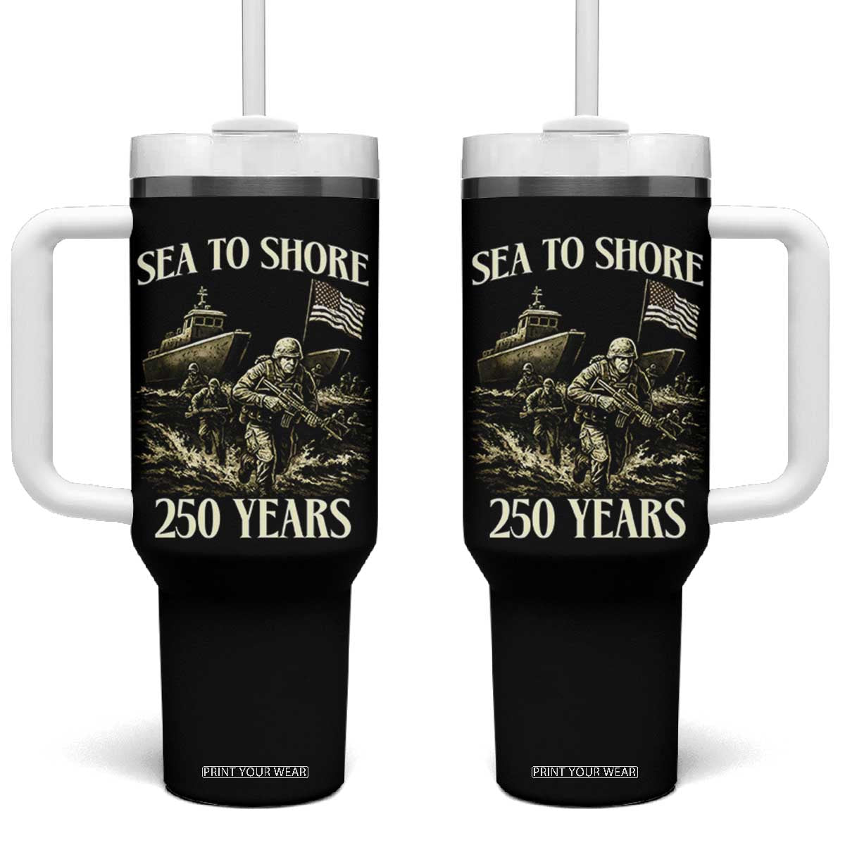 Military Navy 250th Anniversary Tumbler With Handle Sea To Shore 250 Years TS02 One Size: 40 oz Black Print Your Wear
