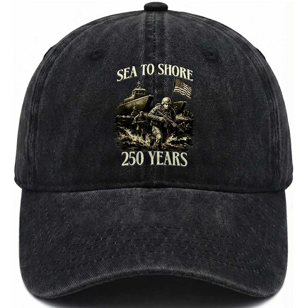 Military Navy 250th Anniversary Washed Cotton Baseball Cap Sea To Shore 250 Years TS02 Washed Cap Universal Fit Black Print Your Wear