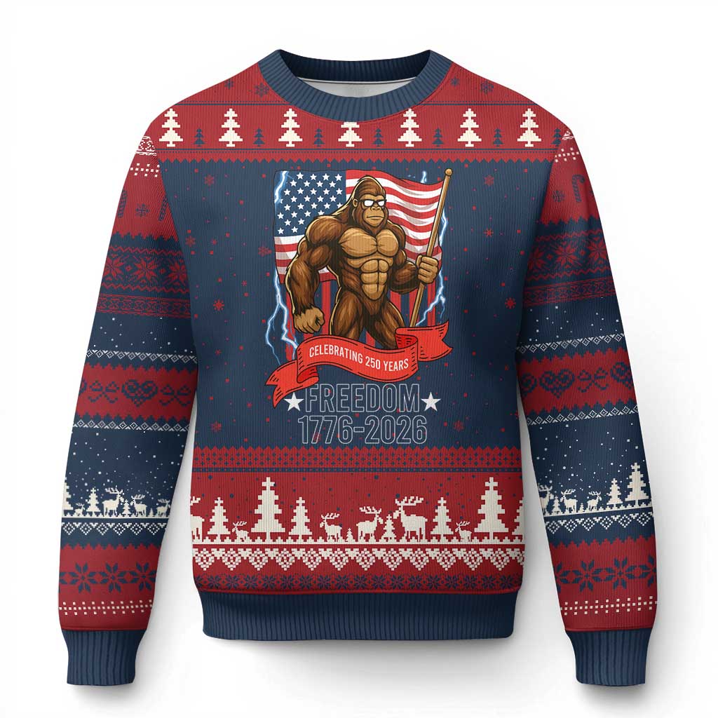 Patriotic Bigfoot US 250th Anniversary Ugly Christmas Sweater Sasquatch Celebrating 250 Years of Freedom 1776 to 2026 TS02 Navy Red Print Your Wear