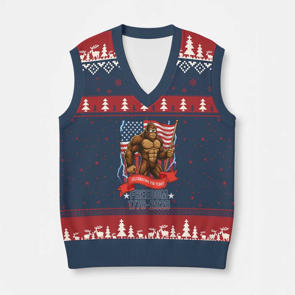 Patriotic Bigfoot US 250th Anniversary V-Neck Knit Sweater Vest Sasquatch Celebrating 250 Years of Freedom 1776 to 2026 TS02 Navy Red Print Your Wear